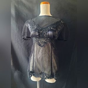 2000s Dolce and Gabbana Witchy Sheer Lace Trim Mesh Black Silk Chiffon Satin Top